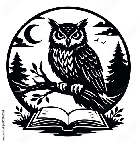 Stylized black and white illustration of an owl on a branch depicting a moonlit forest scene with an open book for educational themes