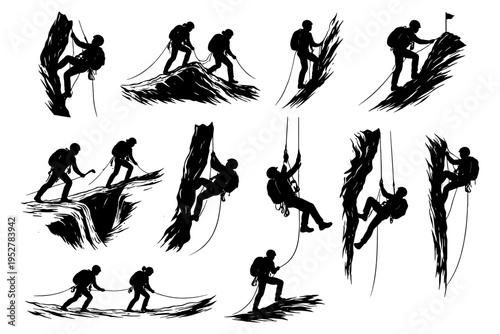 Silhouetted climbers rappelling and scaling rock faces in various poses.