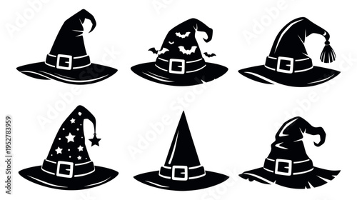 Stylized witch hat set featuring varying designs with bats, stars, and tassels for Halloween