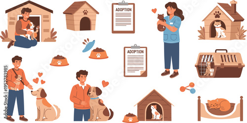 Animal shelter pet adoption vector illustration set featuring volunteers caring for cats and dogs with adoption forms kennels carriers and pet food icons for charity and rescue design.