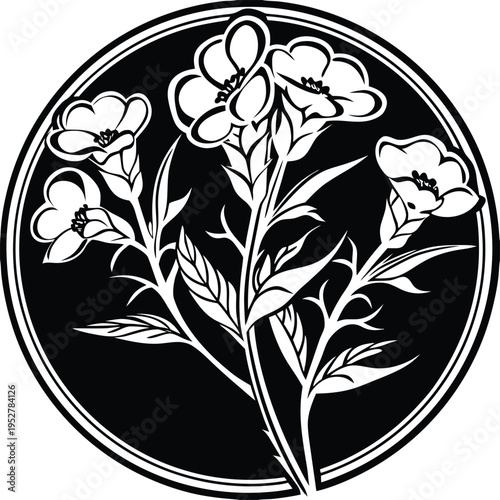 Black and white floral icon with three flowers in a circle