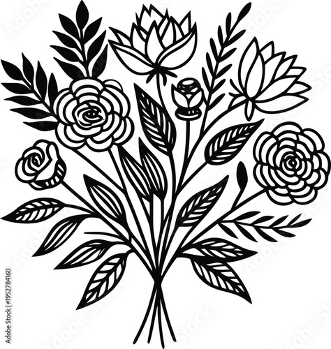 Black and white floral bouquet vector illustration