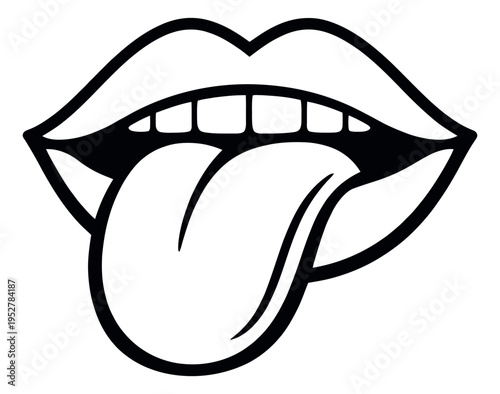 Line art illustration of a mouth depicting a tongue sticking out for playful and expressive design
