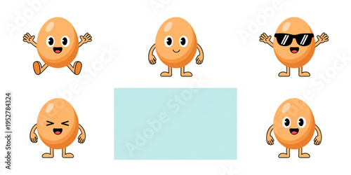 A collection of cute cartoon egg characters with various facial expressions and different poses Vector