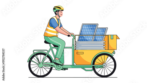 Sustainable Delivery: A worker pedals a cargo bike loaded with solar panels, symbolizing eco-friendly transport and clean energy solutions. 