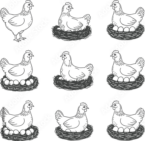 Collection of Hen Illustrations with Eggs in Nests Simple Line Art Style