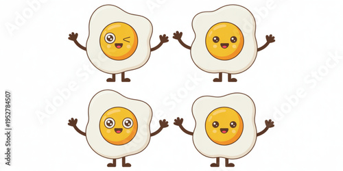 A collection of four cute cartoon fried eggs with different happy facial expressions and gestures Vector