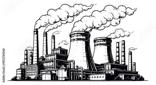 Hand drawn line art illustration of an industrial factory depicting smoke plumes for environmental and energy themes