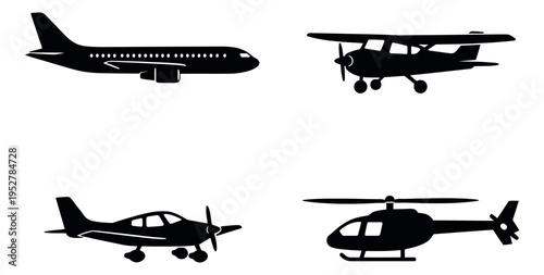 Simple silhouette aircraft icons set featuring a passenger plane, two small aircraft, and a helicopter for transportation and travel designs