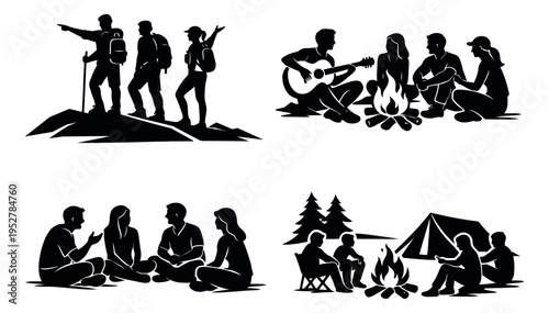 Silhouette outdoor activity set featuring hikers, campers, and friends around a campfire for adventure and leisure
