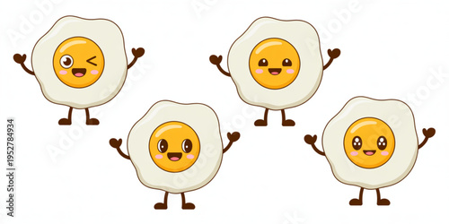 A collection of four cute cartoon fried eggs with happy smiling faces and waving arms standing up Vector
