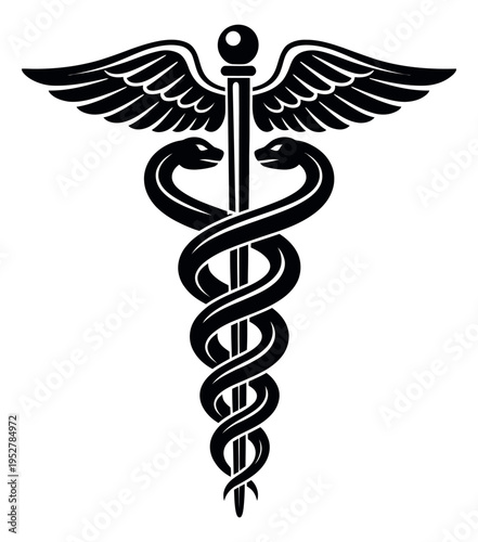 Classic illustration of a caduceus symbol depicting medical sciences for professional healthcare