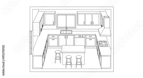 A detailed black and white line drawing of a modern kitchen floor plan with island and dining area, Generative AI.
