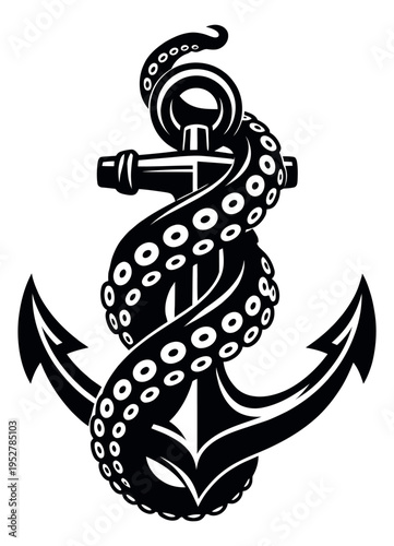 Stylized illustration of an anchor with an octopus tentacle depicting a deep sea embrace for maritime designs