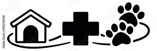 Line art illustration of pet care depicting a dog house, medical cross, and paw prints for animal welfare