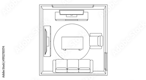 A detailed line drawing of a living room floor plan with furniture, Generative AI.