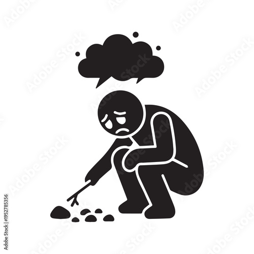 Vector Icon of a Depressed Stick Figure Person Squatting and Drawing in Dirt
