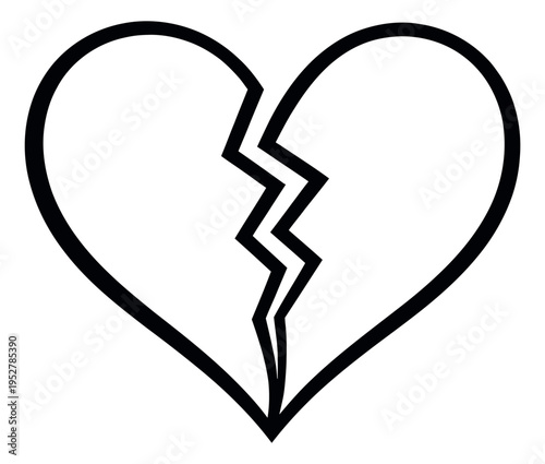 Line art illustration of a broken heart depicting heartbreak for emotional concepts