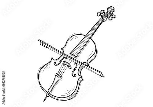 Black and white line drawing of a cello with a bow across the strings