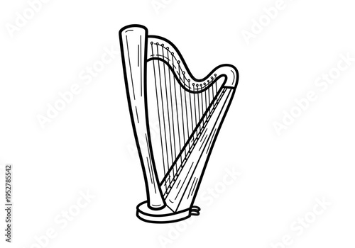 Black and white line drawing of a freestanding curved stringed harp instrument