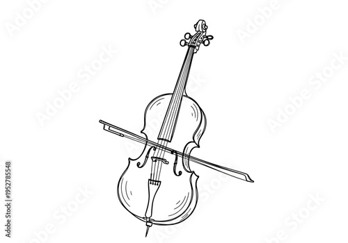 Black and white line drawing of a cello with a bow across the strings
