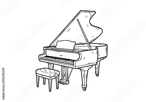 Black and white line drawing of a grand piano with a matching bench
