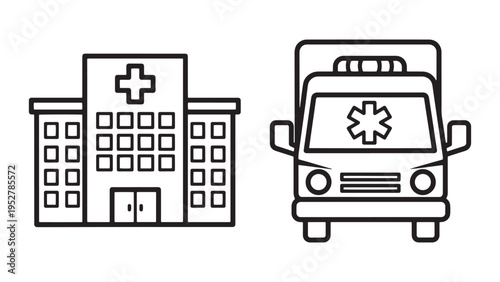 Hospital building and ambulance emergency medical service line illustration