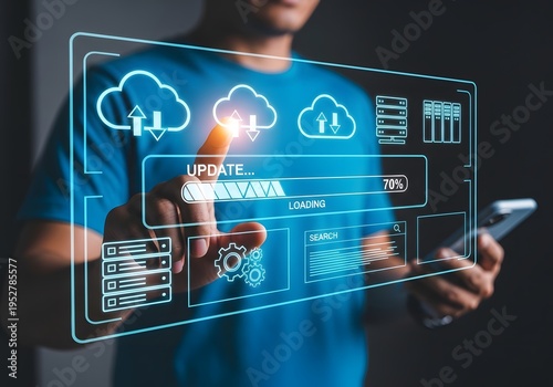 Man interacting with futuristic digital interface on transparent screen with cloud and update progress bar