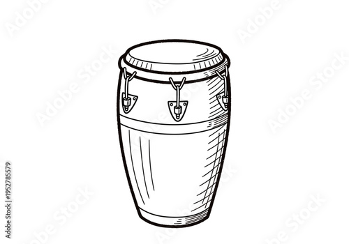 Black and white line drawing of a single conga drum viewed frontally