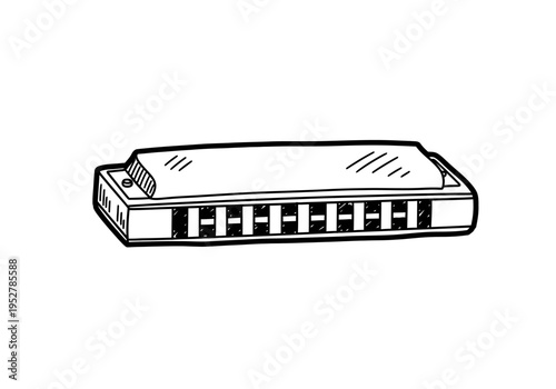 Black and white line drawing of a tenhole diatonic harmonica