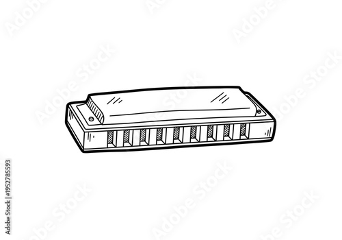 Black and white line drawing of a tenhole diatonic harmonica