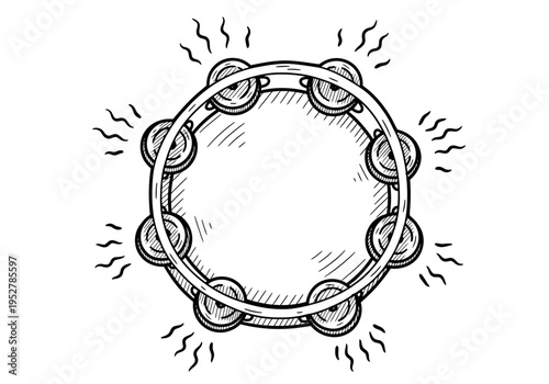 Black and white line drawing of a tambourine with jingles vibrating