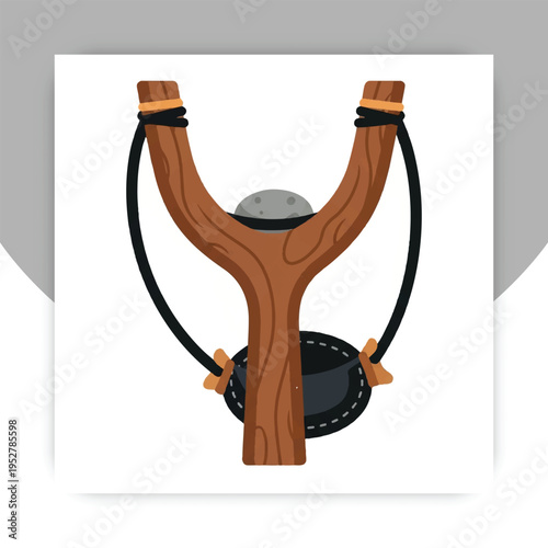Isolated Wooden Slingshot Icon with Rubber Band – Cartoon Weapon Vector Illustration