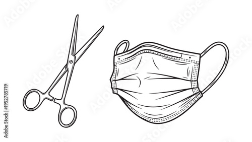 Surgical scissors and protective face mask illustration for operating room safety and sterile medical procedures