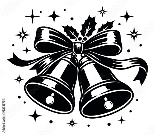 Monochrome line art illustration of christmas bells depicting a festive holiday composition for season's greetings