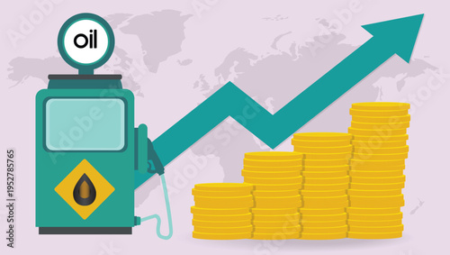 Rising oil prices concept with fuel pump, upward arrow and growing coin stacks global energy inflation illustration	