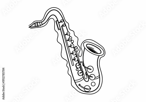 Black and white outline drawing of an alto saxophone viewed from the side