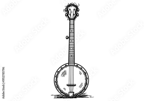 Black and white sketch of a fivestring banjo standing upright on a white background