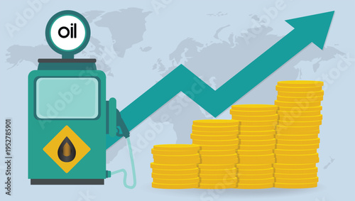 Rising oil prices concept with fuel pump, upward arrow and growing coin stacks global energy inflation illustration	