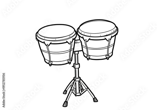 Line art drawing of bongos mounted on an adjustable tripod stand