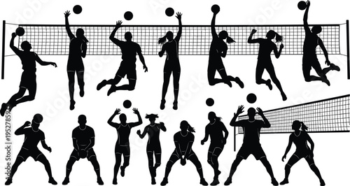 Volleyball player silhouettes, spiking, blocking, serving, receiving, setting, net action, dynamic movement, vector illustration, sports design, teamwork, competition, athletic lifestyle
