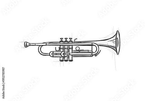 Sketch drawing of a Bflat trumpet shown horizontally on a white background
