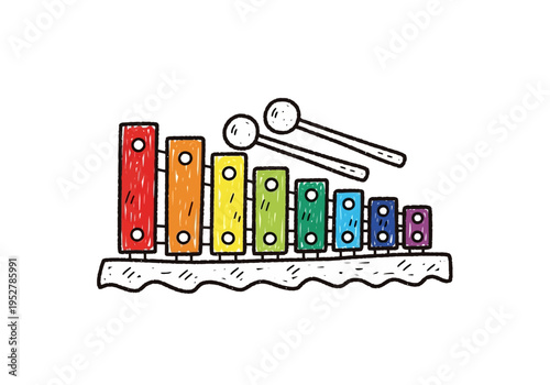 Doodle illustration of a colorful xylophone with two mallets above it