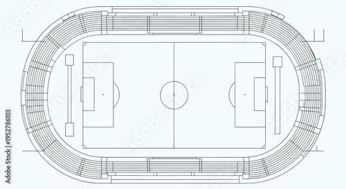 Technical drawing of an oval sports stadium with seating and field layout, Generative AI.