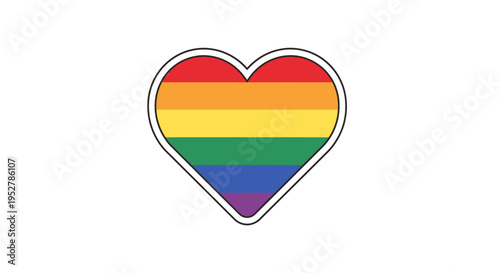 Vibrant rainbow heart with a white border and thin black outline against a clean white background, symbolizing love and LGBTQ+ pride.