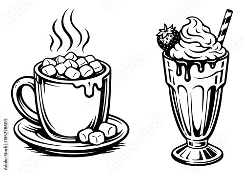 Hand drawn line art beverage set featuring hot chocolate with marshmallows and a milkshake with whipped cream for cafe menu designs