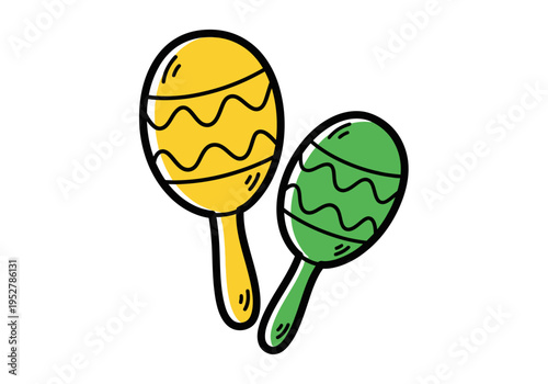 Two cartoon maracas one yellow and one green on a white background
