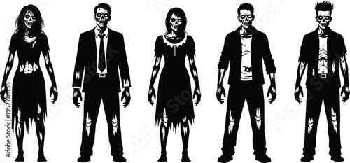 Zombie silhouettes, undead characters, horror theme, Halloween design, vector illustration, skeletal faces, torn clothing, spooky art, creepy figures, scary costumes, dark fantasy