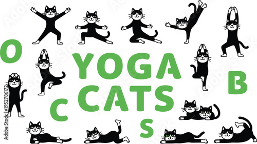 Yoga cats vector illustration, playful black and white cat poses, humorous animal yoga design, fitness pet graphic, meditation feline symbol artwork