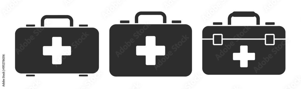 Obraz premium Collection first aid kit silhouette icon vector set for logo, simple emergency healthcare symbols, minimal rescue equipment shapes, modern medical support icons, monochrome isolated vector design, 